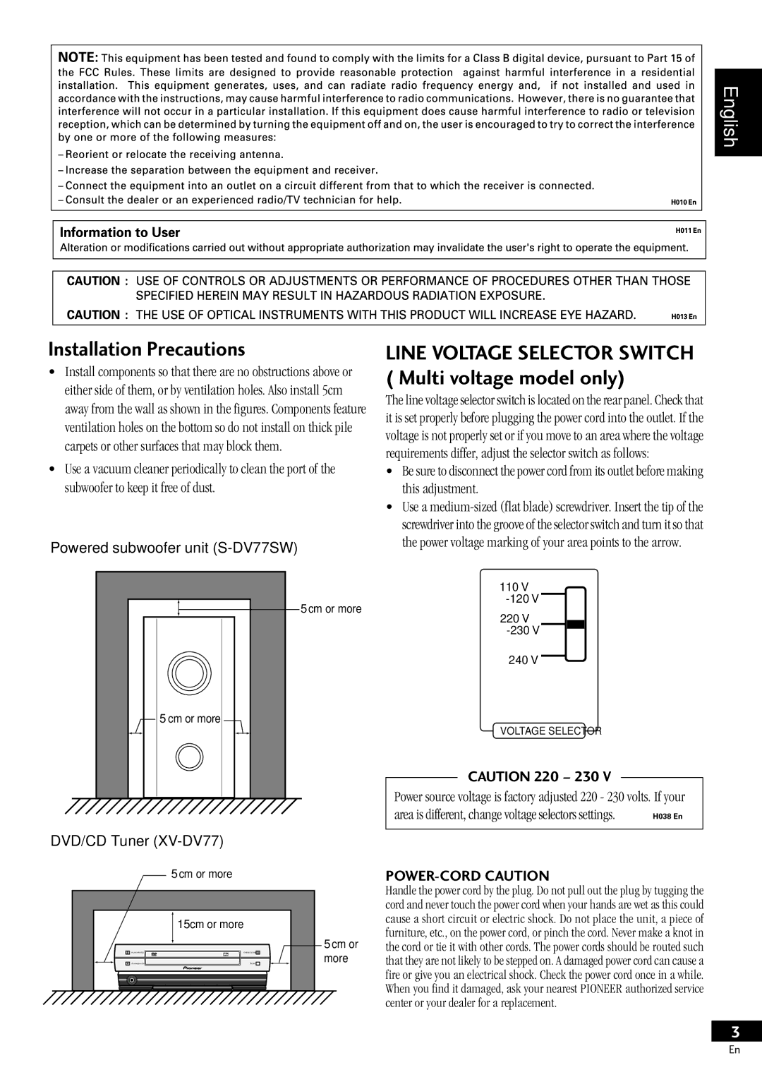 Pioneer S-DV77ST, S-DV77SW manual Installation Precautions, Line Voltage Selector Switch Multi voltage model only 