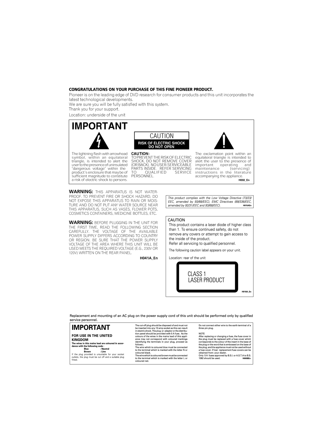 Pioneer S-DV990ST, S-DV99ST manual Risk of Electric Shock Do not Open 