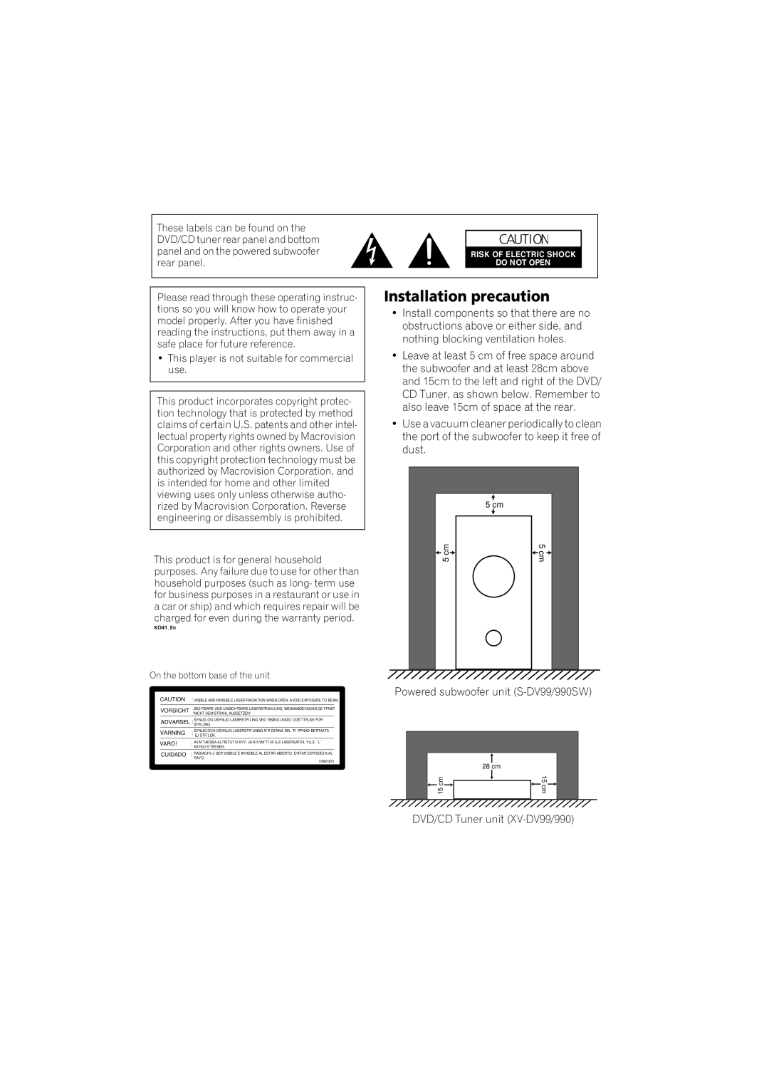 Pioneer S-DV99ST Installation precaution, This player is not suitable for commercial use, DVD/CD Tuner unit XV-DV99/990 