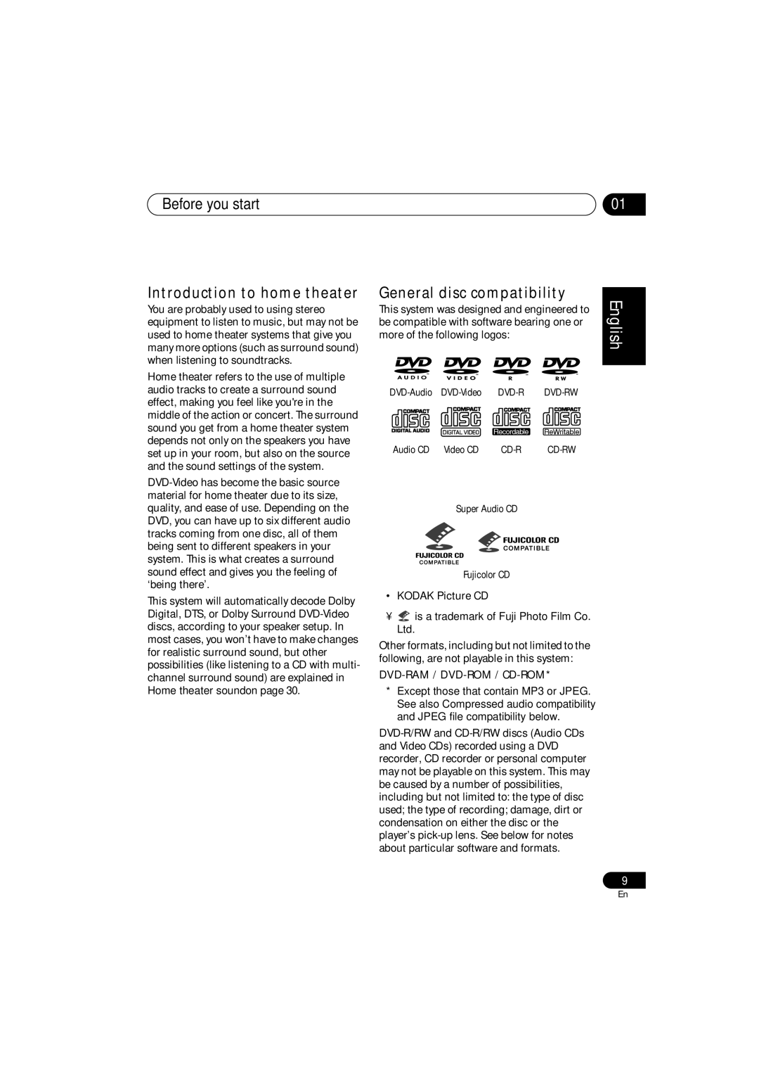 Pioneer S-DV99ST, S-DV990ST manual Before you start Introduction to home theater, General disc compatibility 