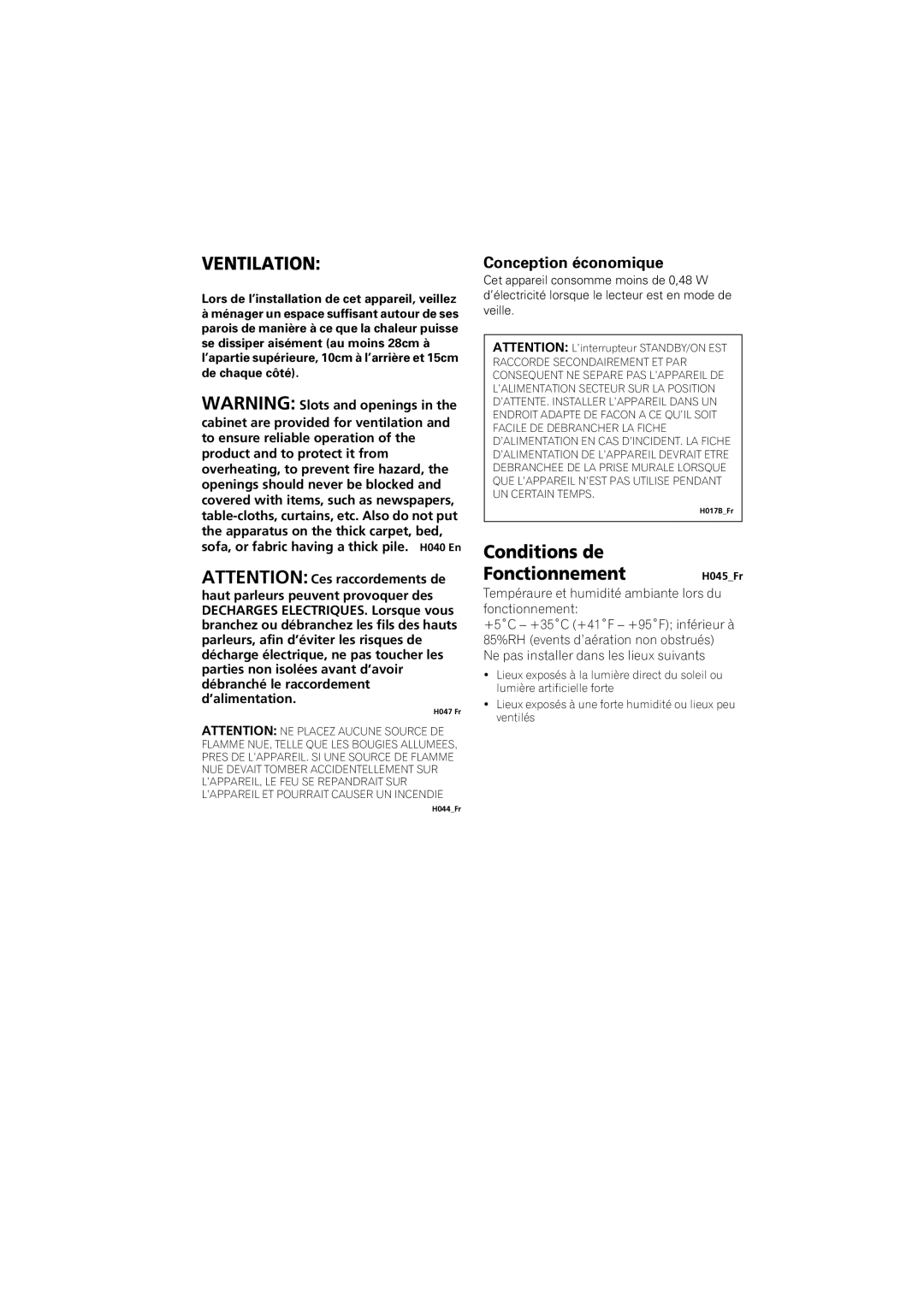 Pioneer S-DV990ST, S-DV99ST manual Conditions de Fonctionnement H045_Fr, Conception économique, Ventilation 
