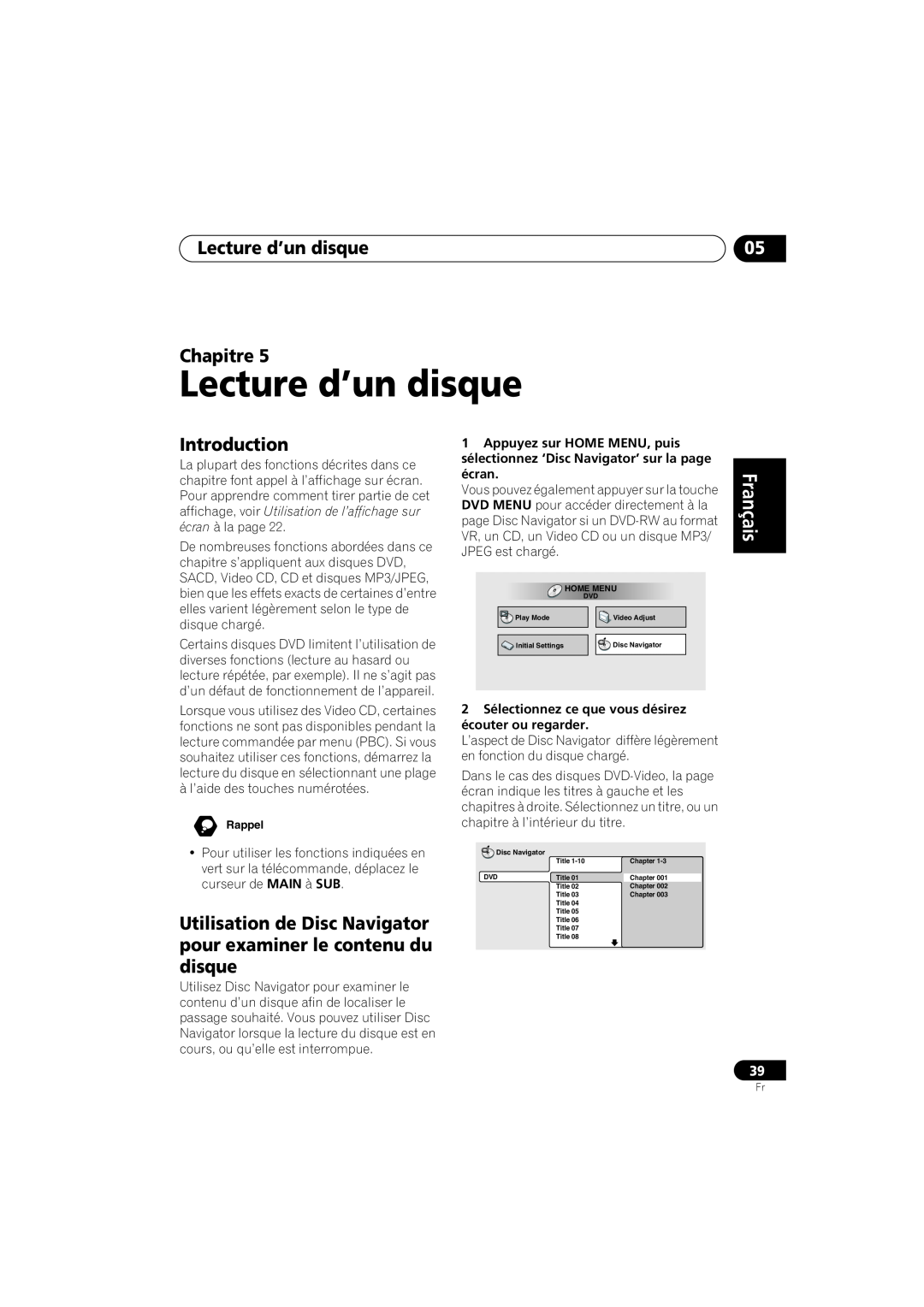 Pioneer S-DV99ST, S-DV990ST Lecture d’un disque Chapitre, Français Français Deutsch Nederlands Español, Introduction 