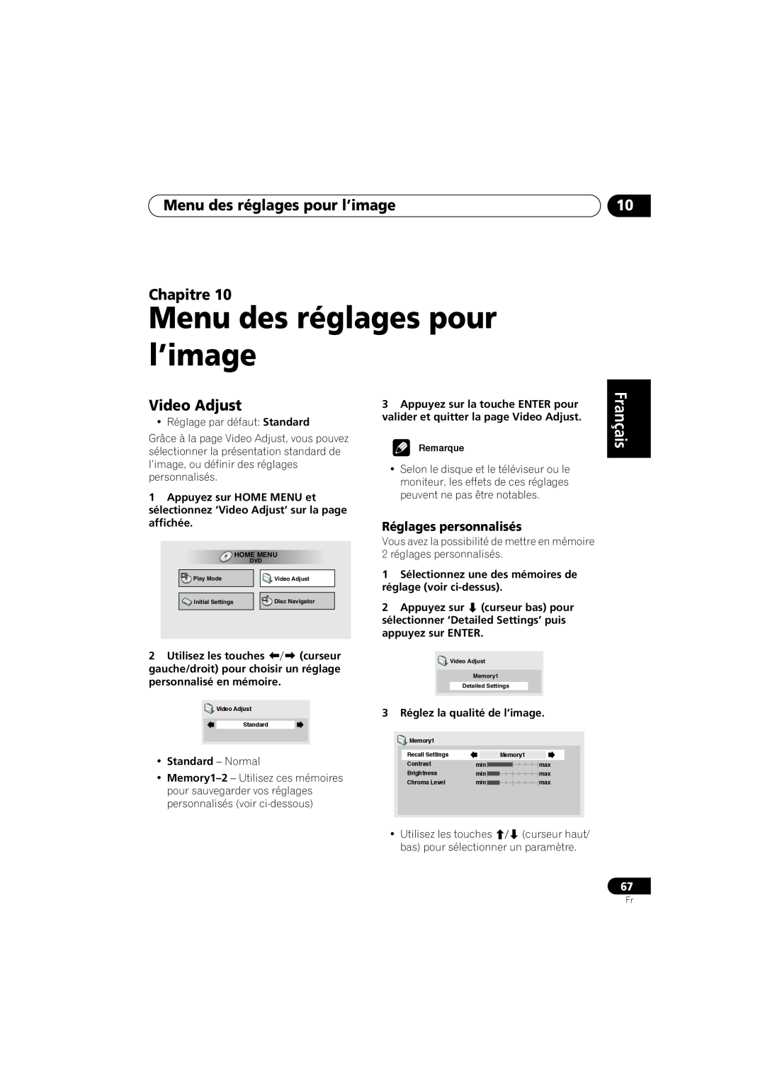 Pioneer S-DV99ST manual Menu des réglages pour l’image Chapitre, Français Français Deutsch, Réglages personnalisés 