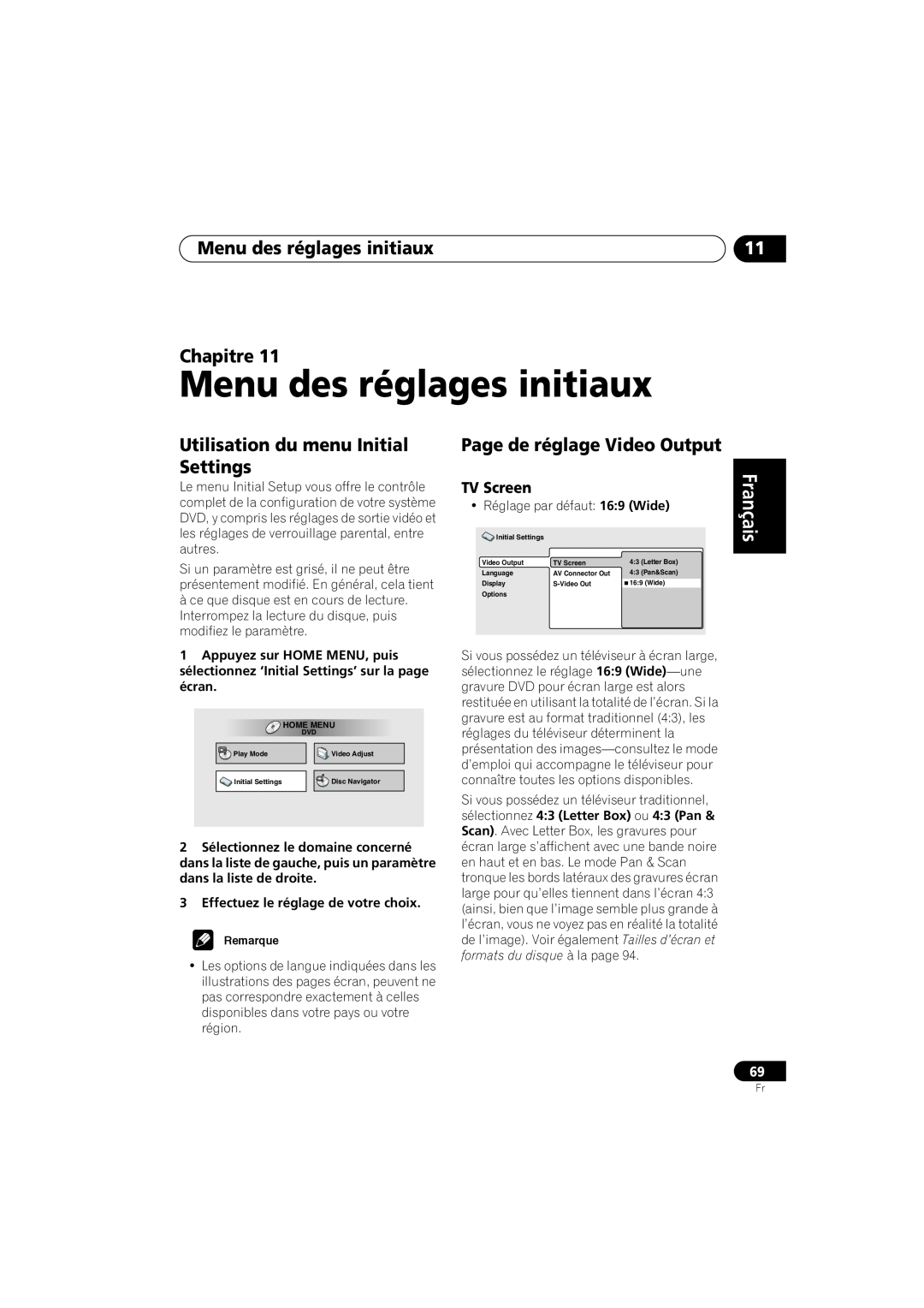 Pioneer S-DV99ST manual Menu des réglages initiaux Chapitre, Utilisation du menu Initial Settings, Français, TV Screen 