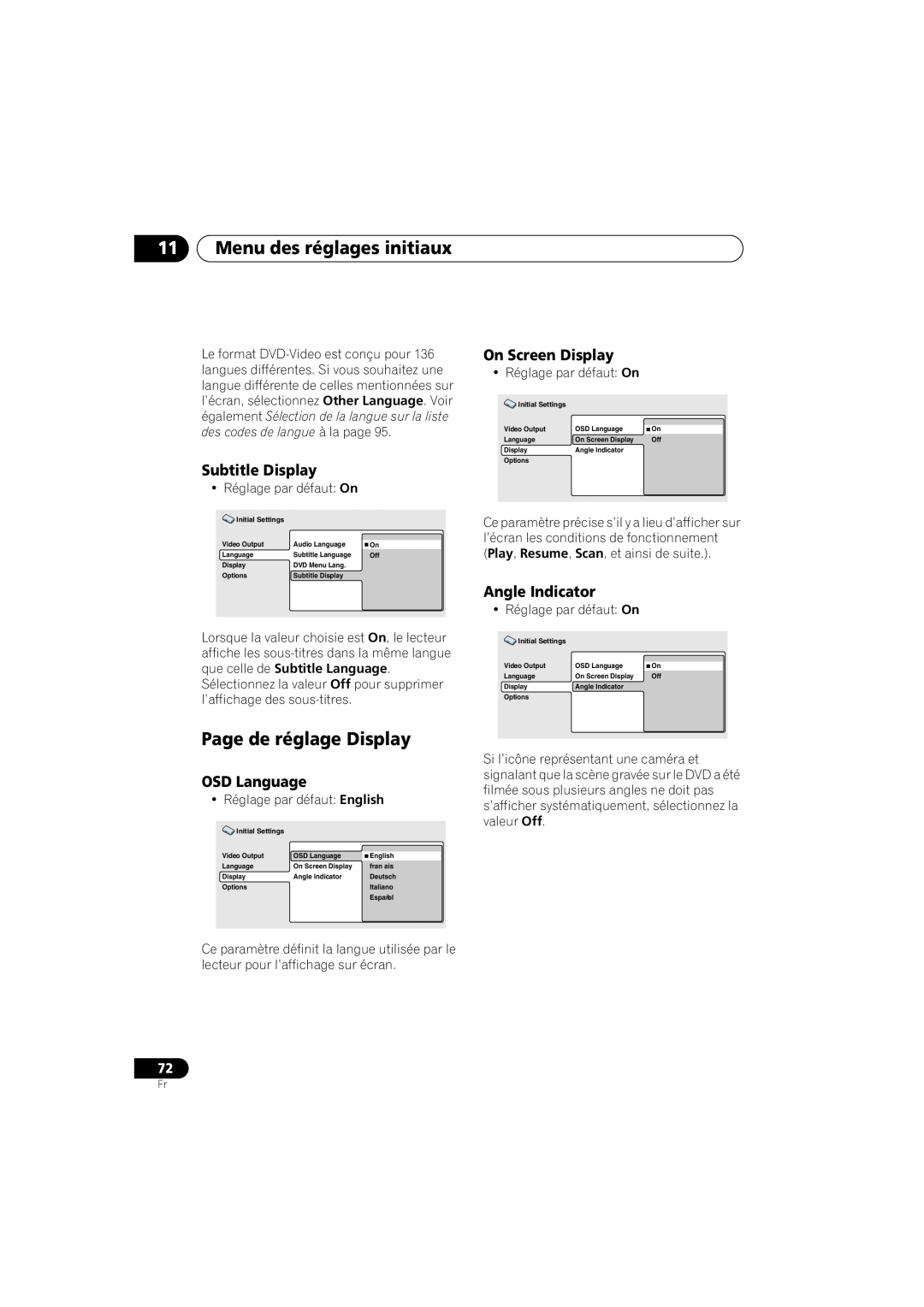 Pioneer S-DV990ST Page de réglage Display, 11Menu des réglages initiaux, Subtitle Display, OSD Language, On Screen Display 