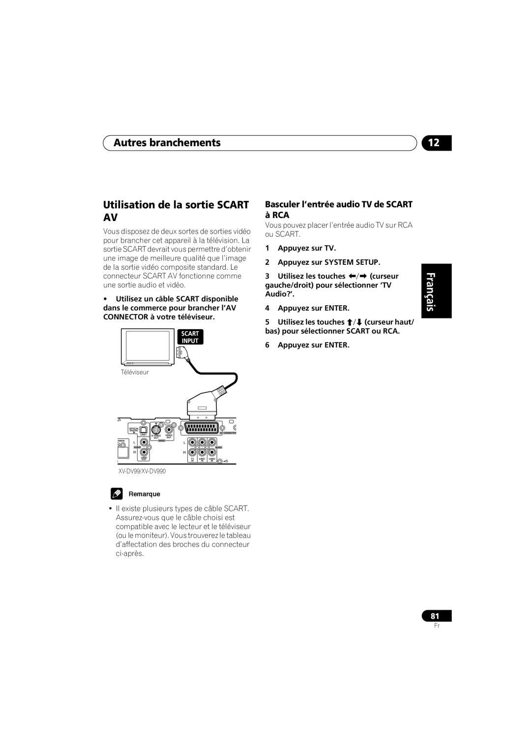 Pioneer S-DV99ST manual Utilisation de la sortie SCART AV, Deutsch, à RCA, Basculer l’entrée audio TV de SCART, Español 