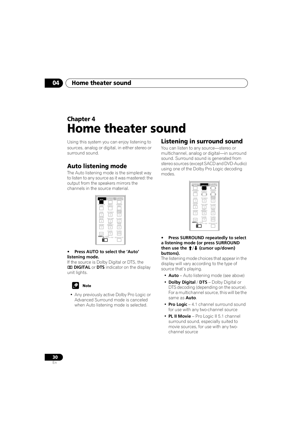 Pioneer S-DV990ST, S-DV99ST manual 04Home theater sound Chapter, Auto listening mode, Listening in surround sound 