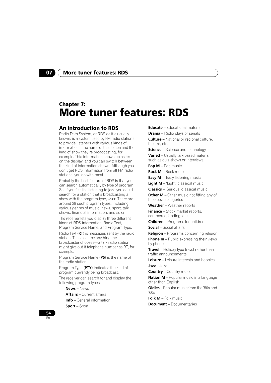 Pioneer S-DV990ST, S-DV99ST manual 07More tuner features: RDS Chapter, An introduction to RDS 