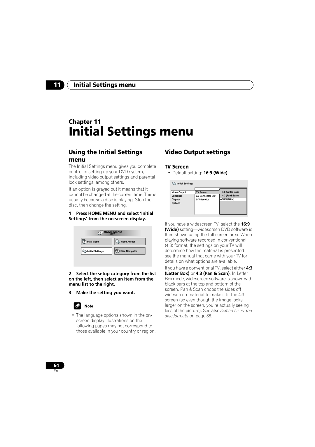 Pioneer S-DV990ST 11Initial Settings menu Chapter, Using the Initial Settings menu, Video Output settings, TV Screen 