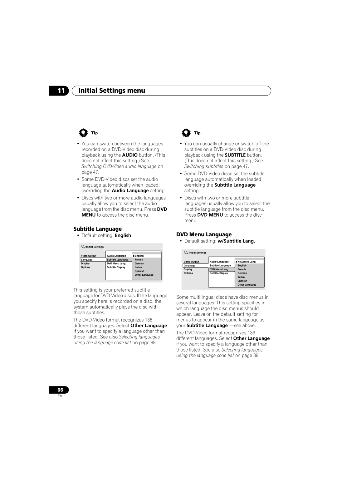 Pioneer S-DV990ST, S-DV99ST manual 11Initial Settings menu, Subtitle Language, DVD Menu Language 