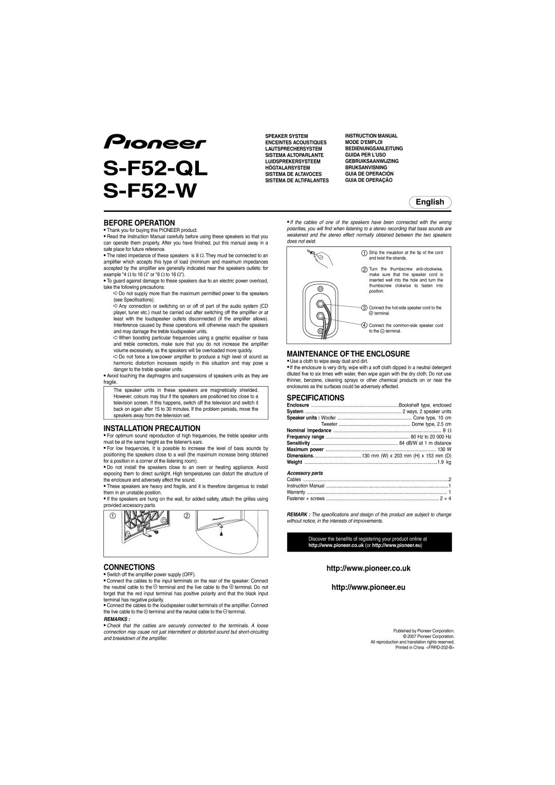 Pioneer S-F52-W, S-F52-QL specifications Connections, Accessory parts, Remarks 