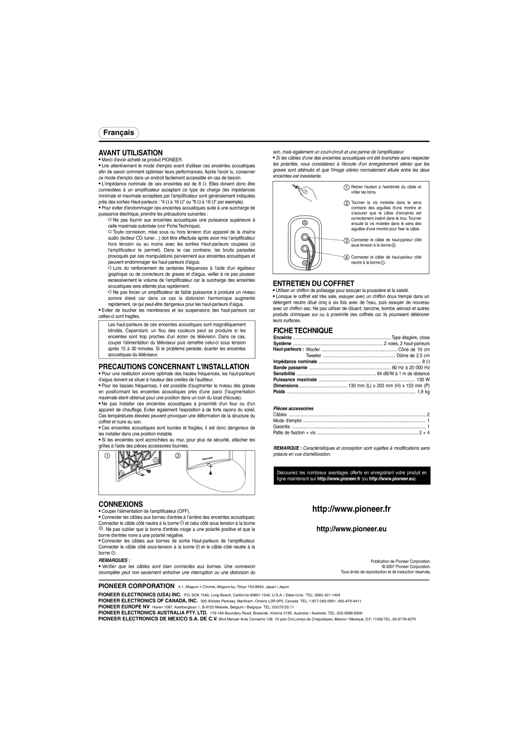 Pioneer S-F52-QL, S-F52-W specifications Avant Utilisation, Entretien DU Coffret, Fiche Technique, Connexions 