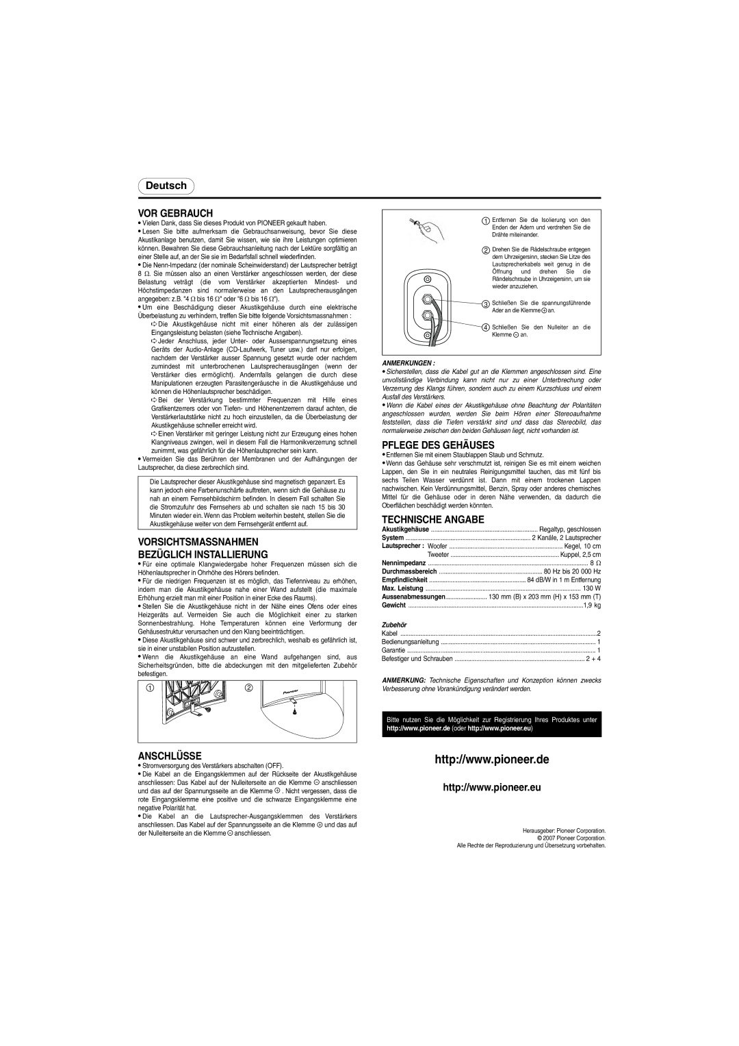 Pioneer S-F52-W, S-F52-QL VOR Gebrauch, Vorsichtsmassnahmen Bezüglich Installierung, Pflege DES Gehäuses, Anschlüsse 