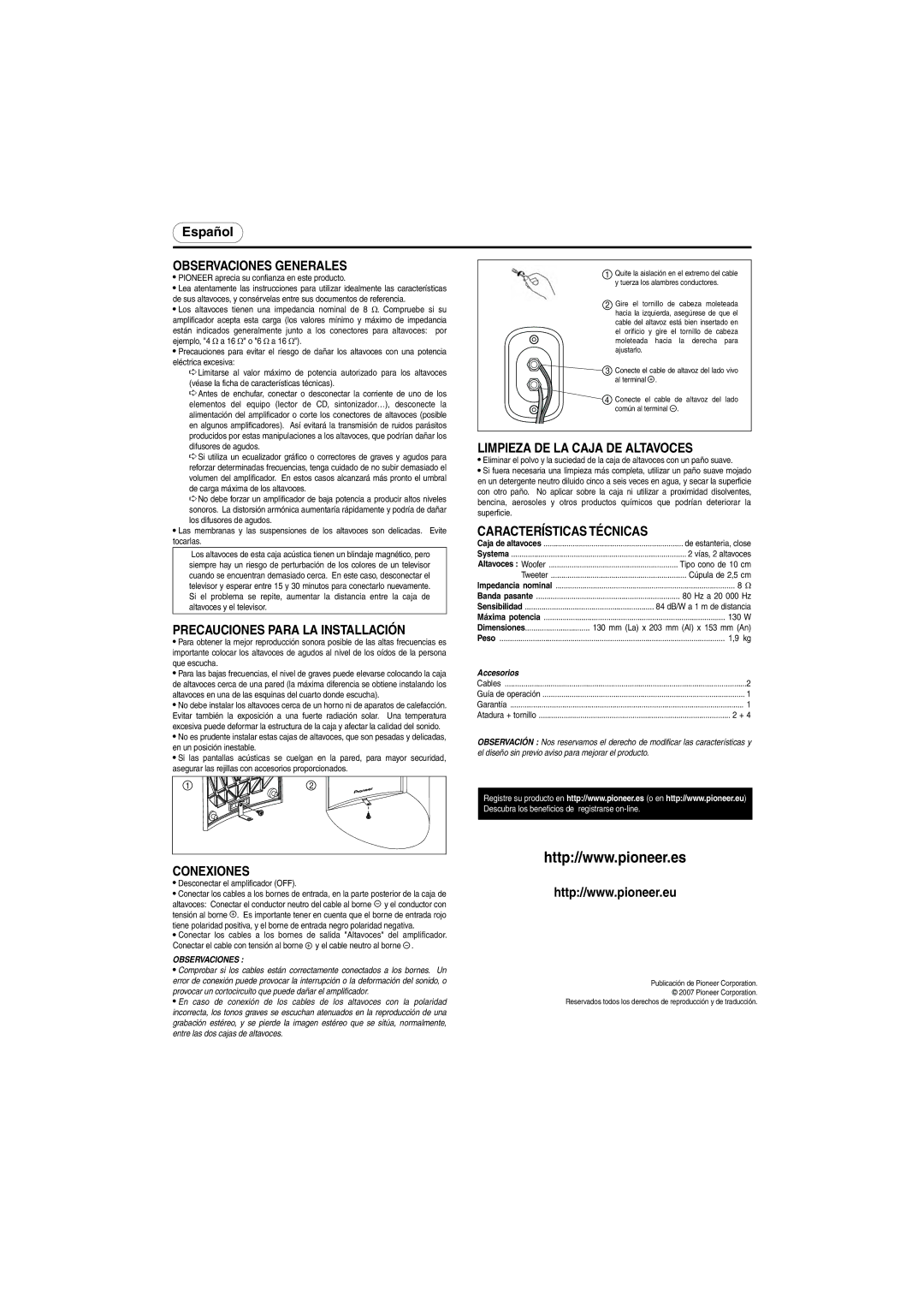 Pioneer S-F52-W Observaciones Generales, Precauciones Para LA Installación, Limpieza DE LA Caja DE Altavoces, Conexiones 