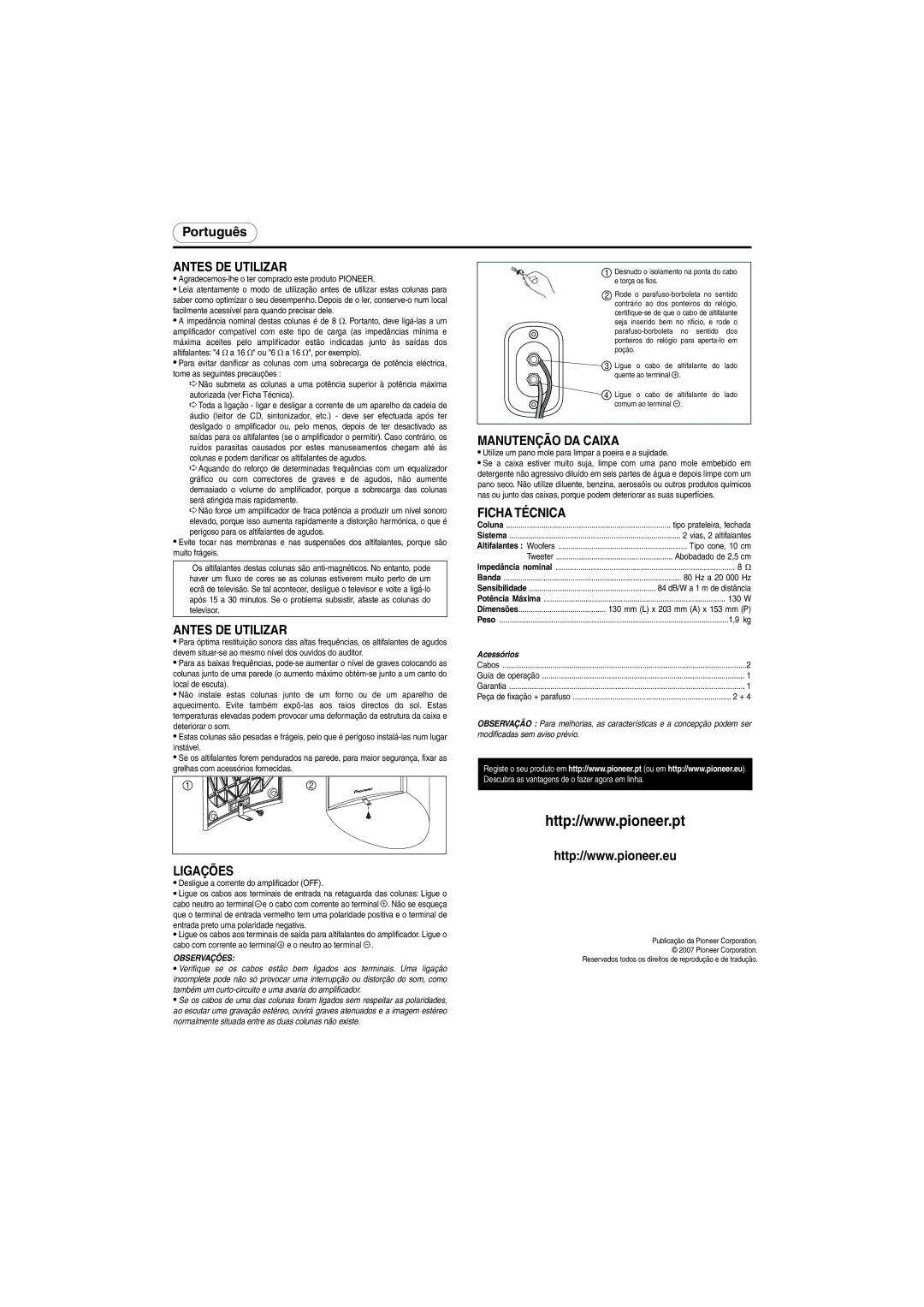 Pioneer S-F52-QL, S-F52-W specifications Antes DE Utilizar, Manutenção DA Caixa, Ficha Técnica, Ligações, Observações 