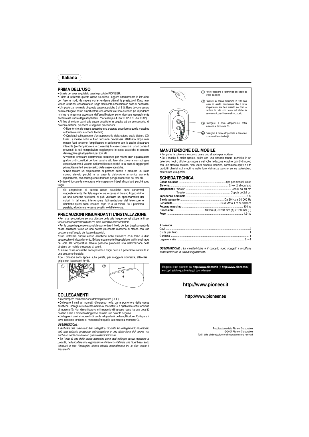 Pioneer S-F52-W, S-F52-QL specifications Prima Delluso, Manutenzione DEL Mobile, Scheda Tecnica, Collegamenti 