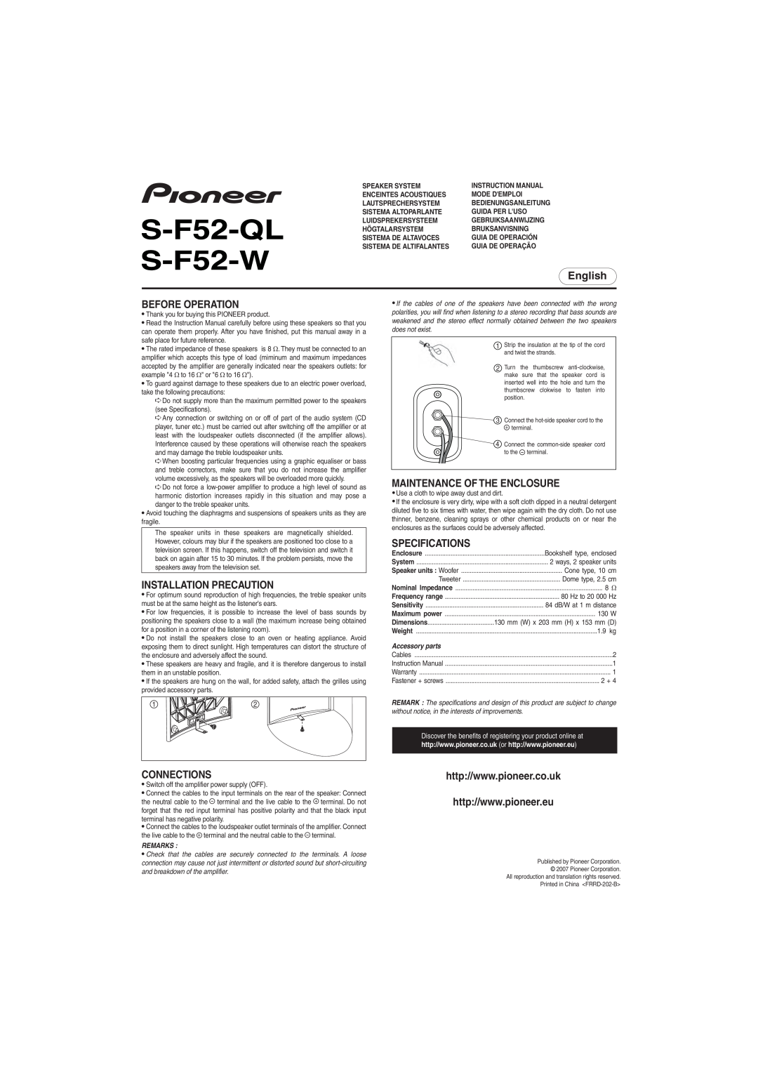 Pioneer S-F52-W, S-F52-QL specifications Connections, Accessory parts, Remarks, English, Before Operation, Specifications 