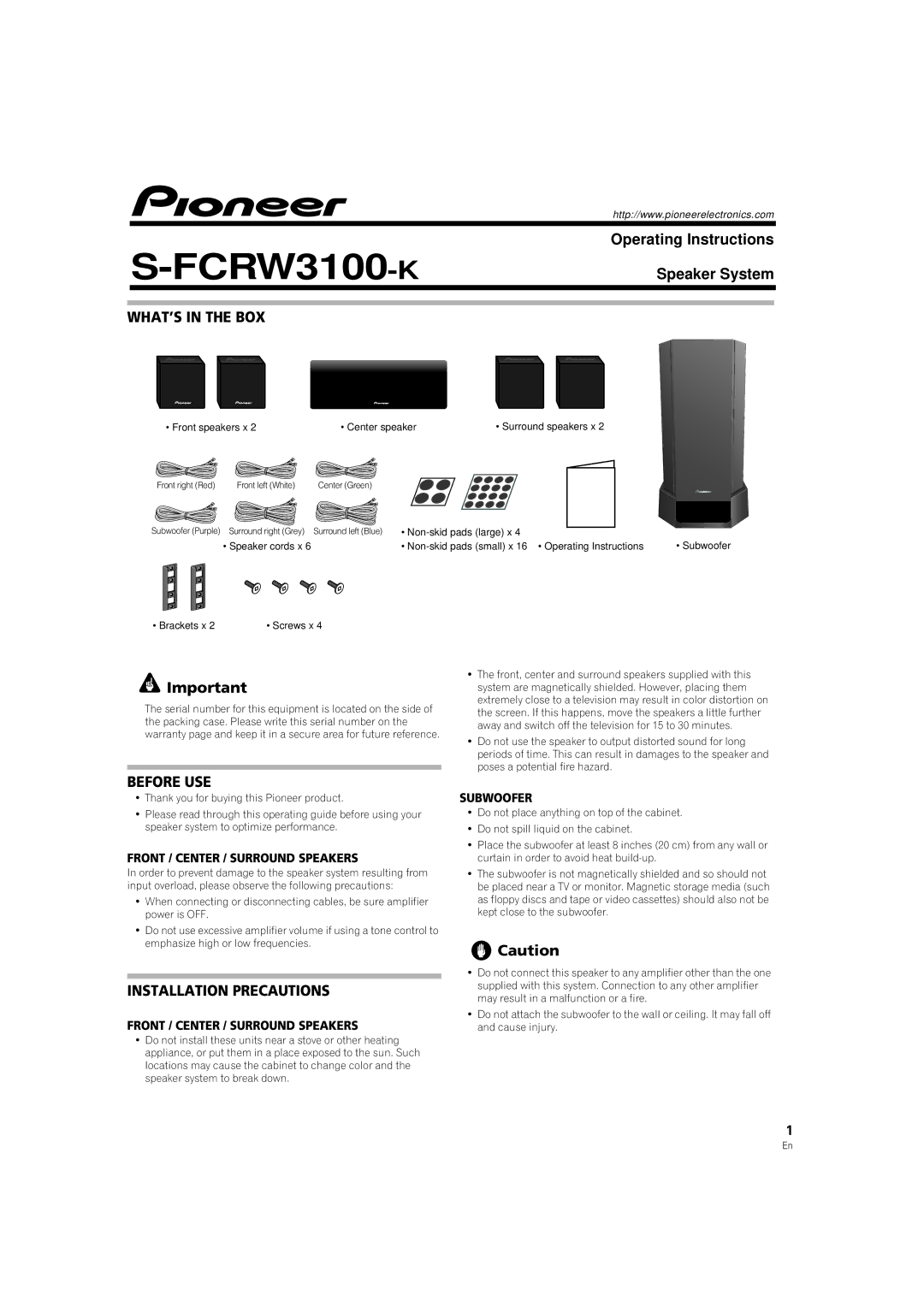 Pioneer S-FCRW3100-k operating instructions WHAT’S in the BOX, Before USE, Installation Precautions, Subwoofer 