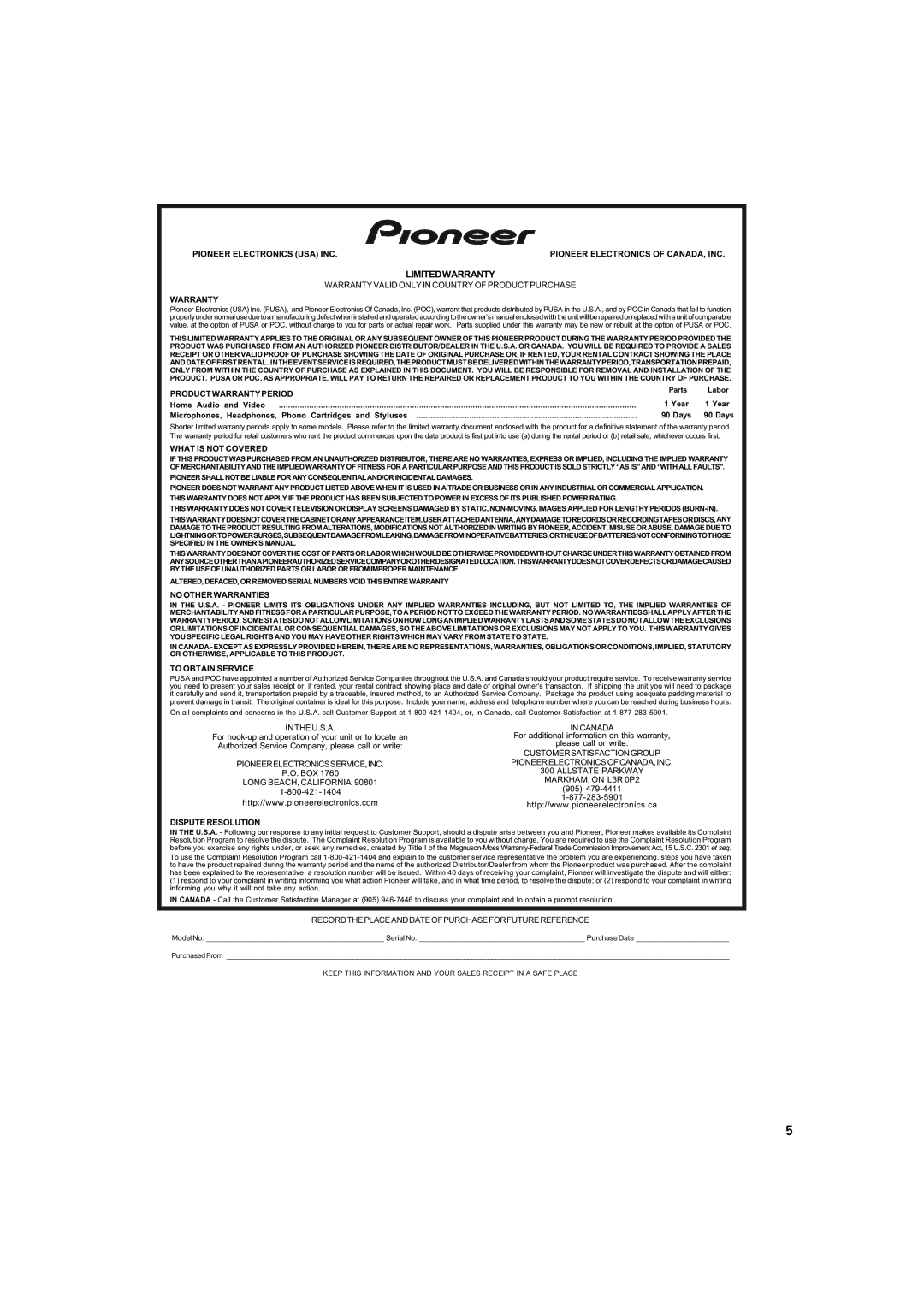 Pioneer S-FCRW3100-k operating instructions Limitedwarranty 