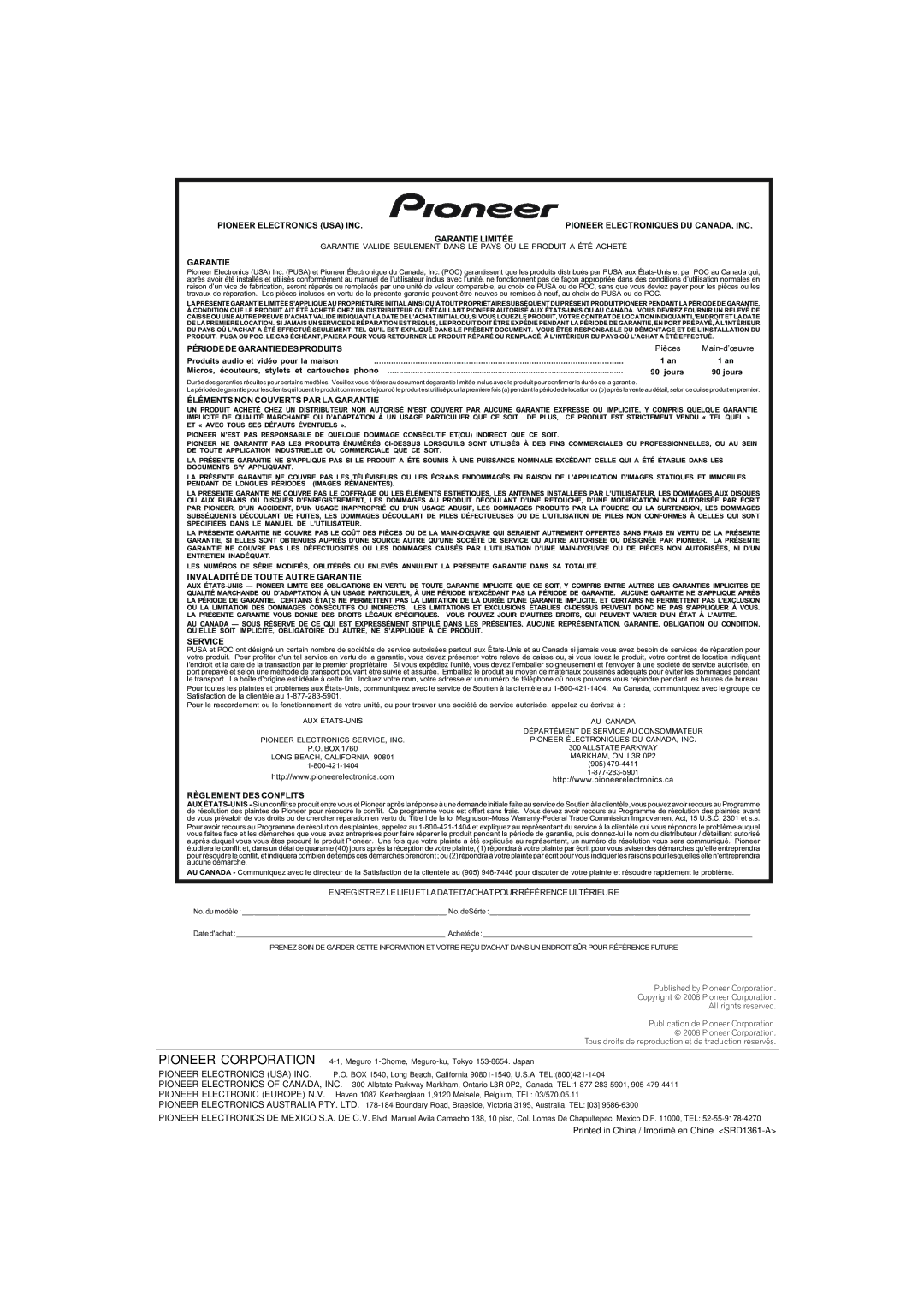 Pioneer S-FCRW3100-k operating instructions Garantie Limitée 