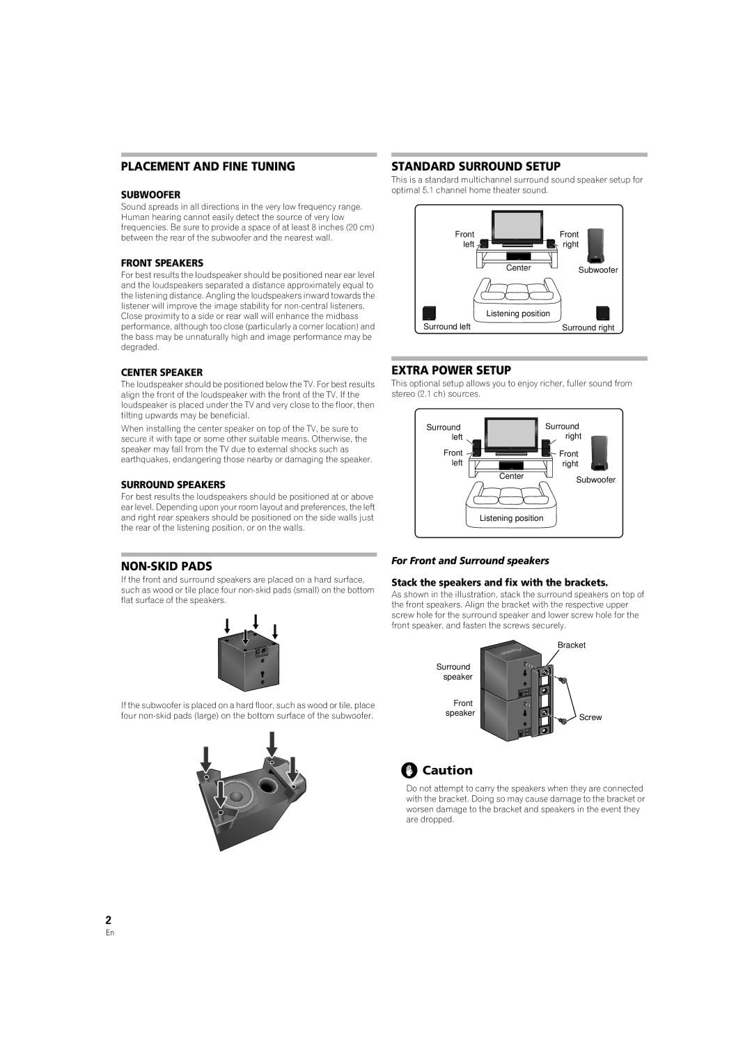 Pioneer S-FCRW3100-k Placement and Fine Tuning, Standard Surround Setup, Extra Power Setup, NON-SKID Pads 