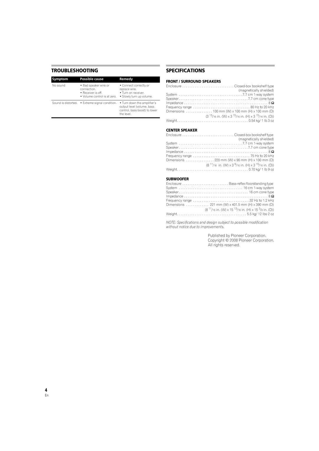 Pioneer S-FCRW3100-k operating instructions Troubleshooting, Specifications 