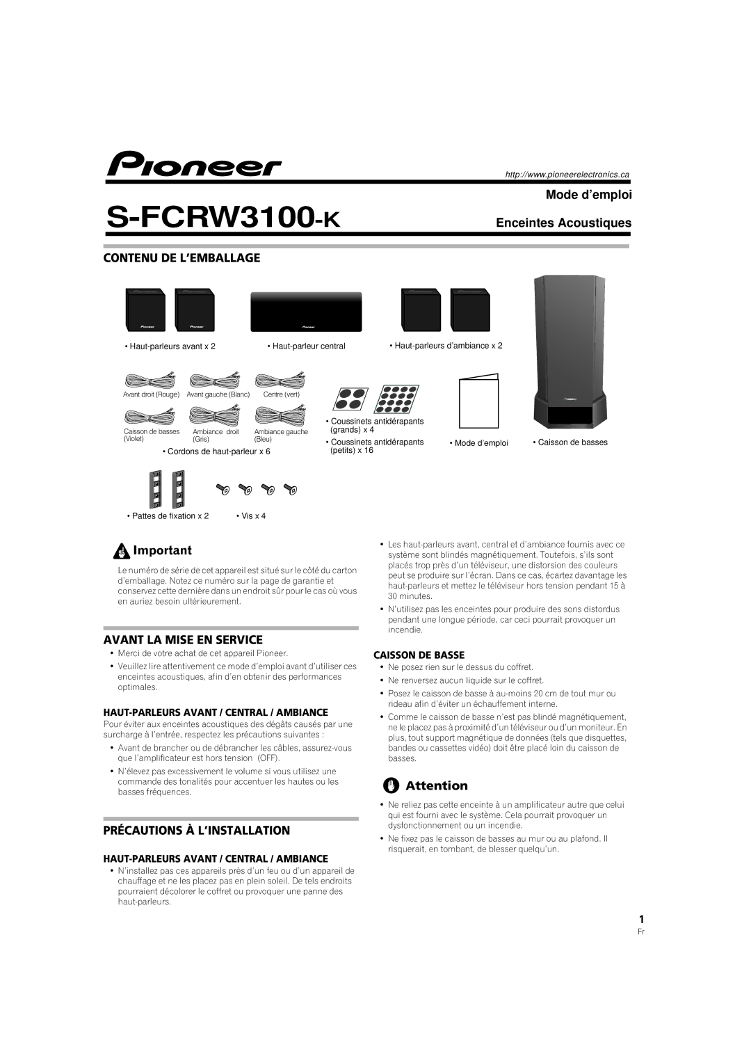 Pioneer S-FCRW3100-k Contenu DE L’EMBALLAGE, Avant LA Mise EN Service, Précautions À L’INSTALLATION, Caisson DE Basse 