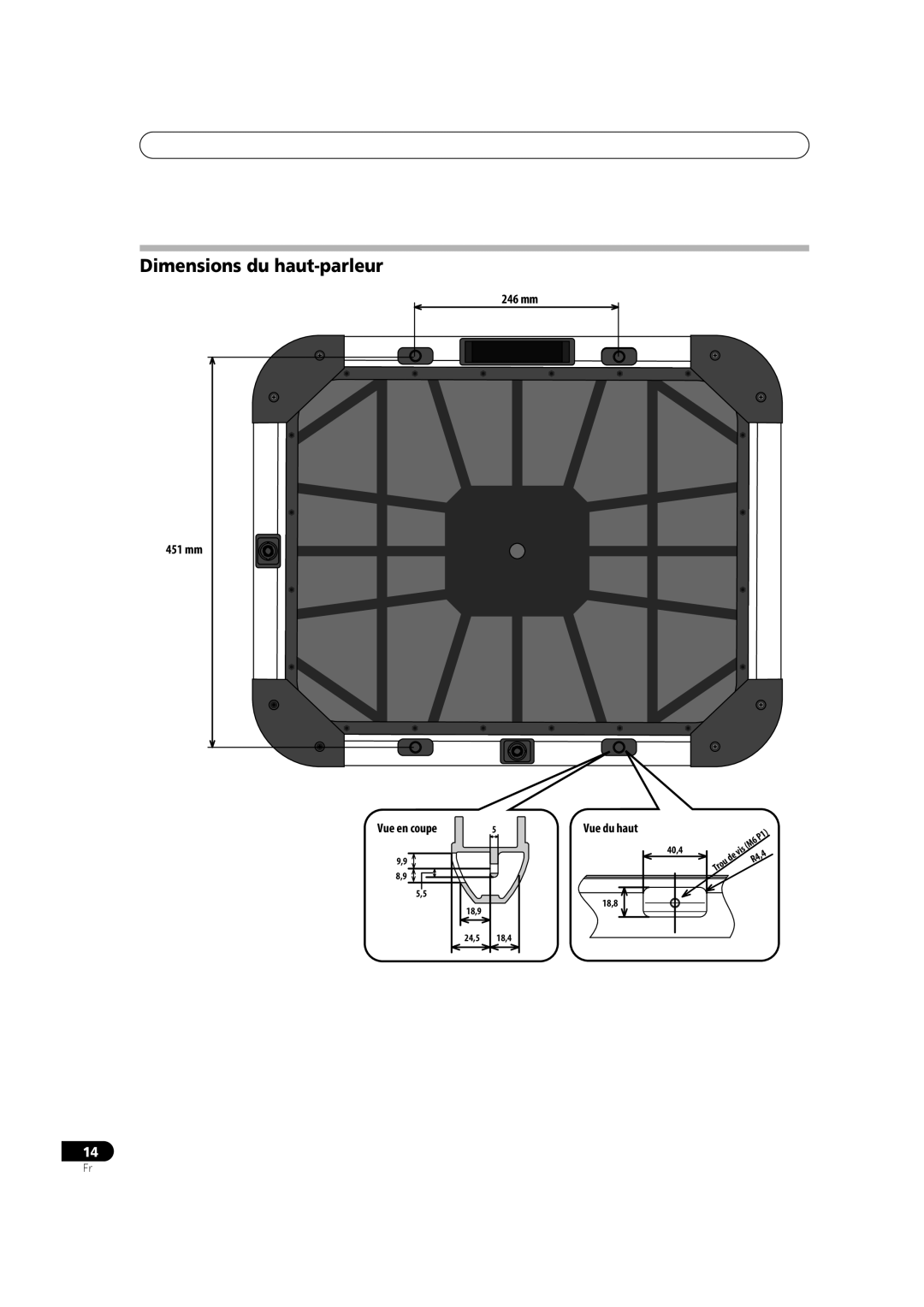 Pioneer S-FL1 operating instructions Dimensions du haut-parleur, Vue du haut 