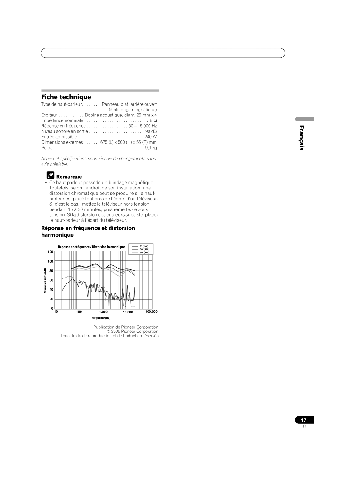Pioneer S-FL1 operating instructions Fiche technique, Réponse en fréquence et distorsion harmonique 