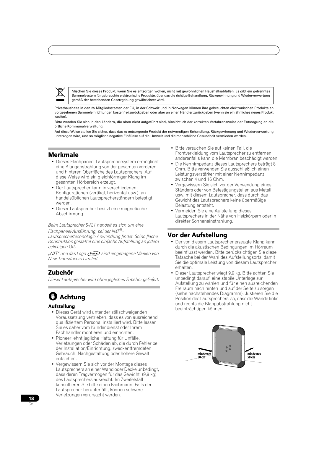 Pioneer S-FL1 operating instructions Merkmale, Zubehör, Achtung, Vor der Aufstellung 