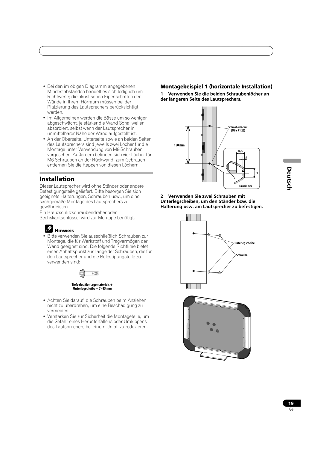 Pioneer S-FL1 operating instructions Montagebeispiel 1 horizontale Installation, Hinweis 