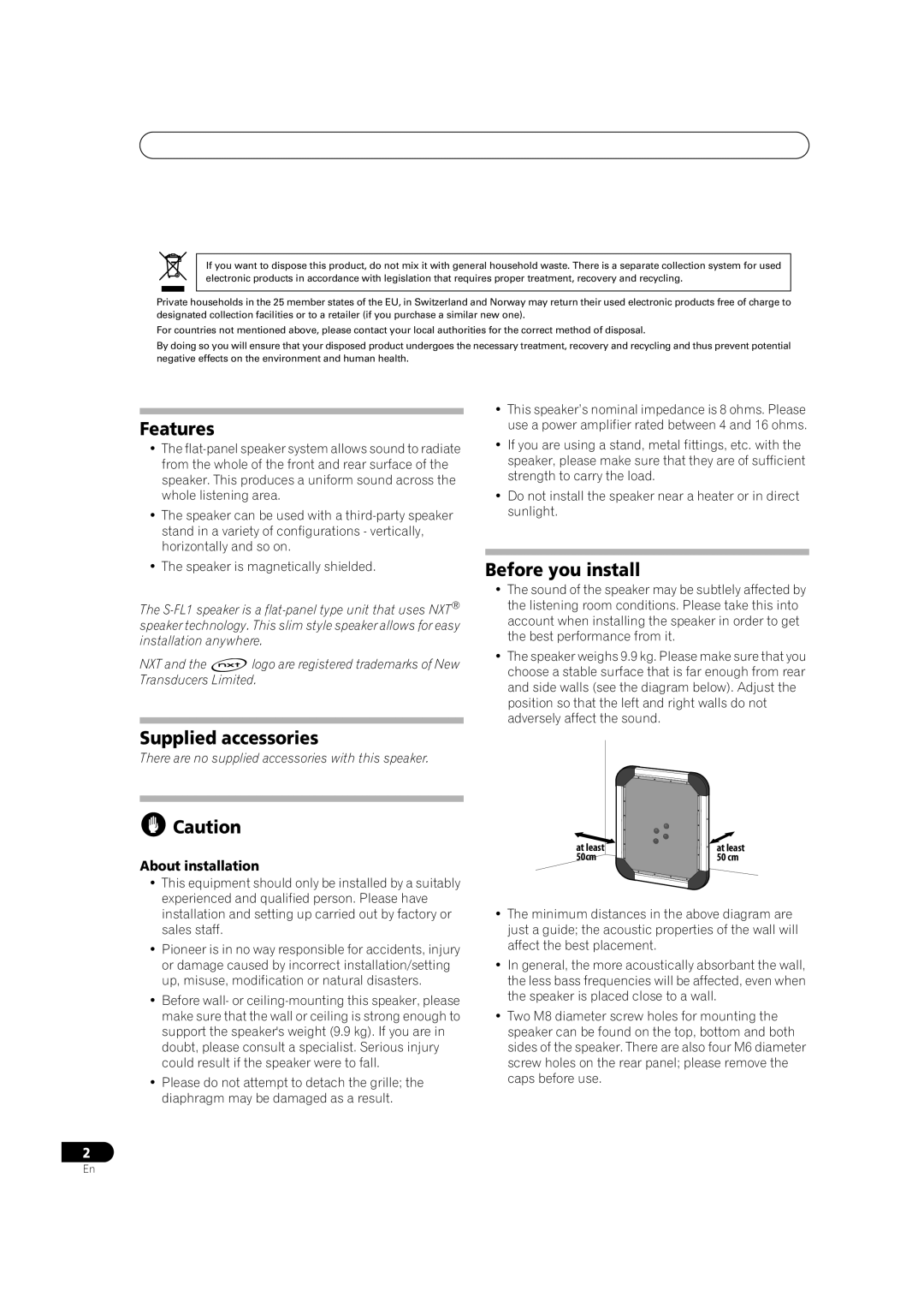 Pioneer S-FL1 operating instructions Features, Supplied accessories, Before you install 