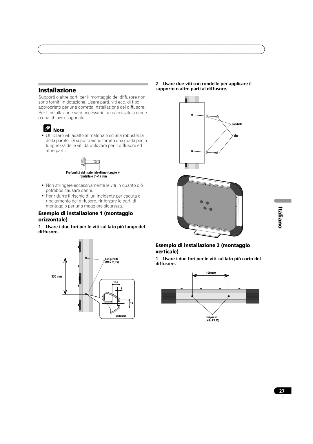 Pioneer S-FL1 operating instructions Installazione, Esempio di installazione 1 montaggio orizzontale, Nota 