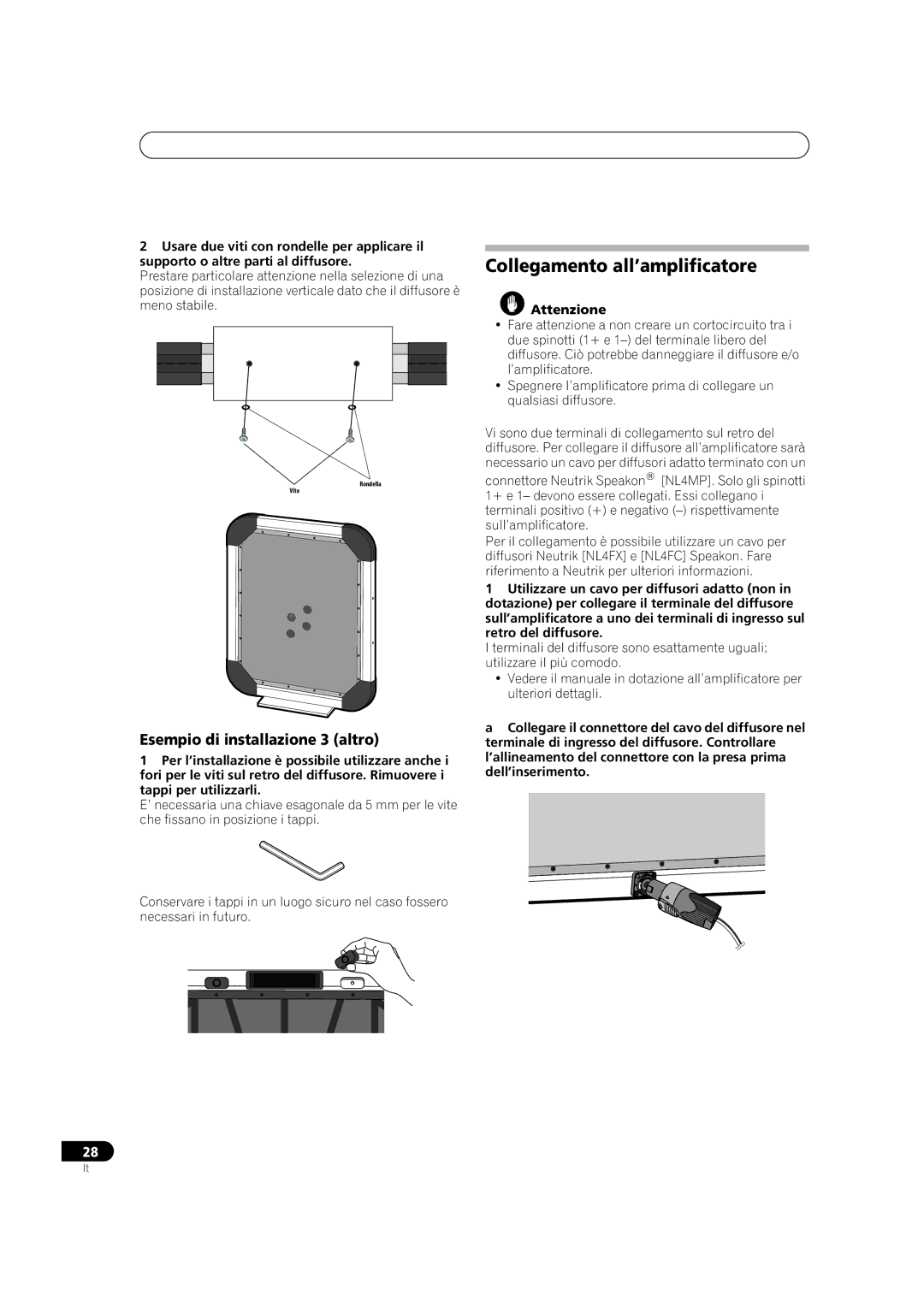 Pioneer S-FL1 operating instructions Collegamento all’amplificatore, Esempio di installazione 3 altro, Attenzione 