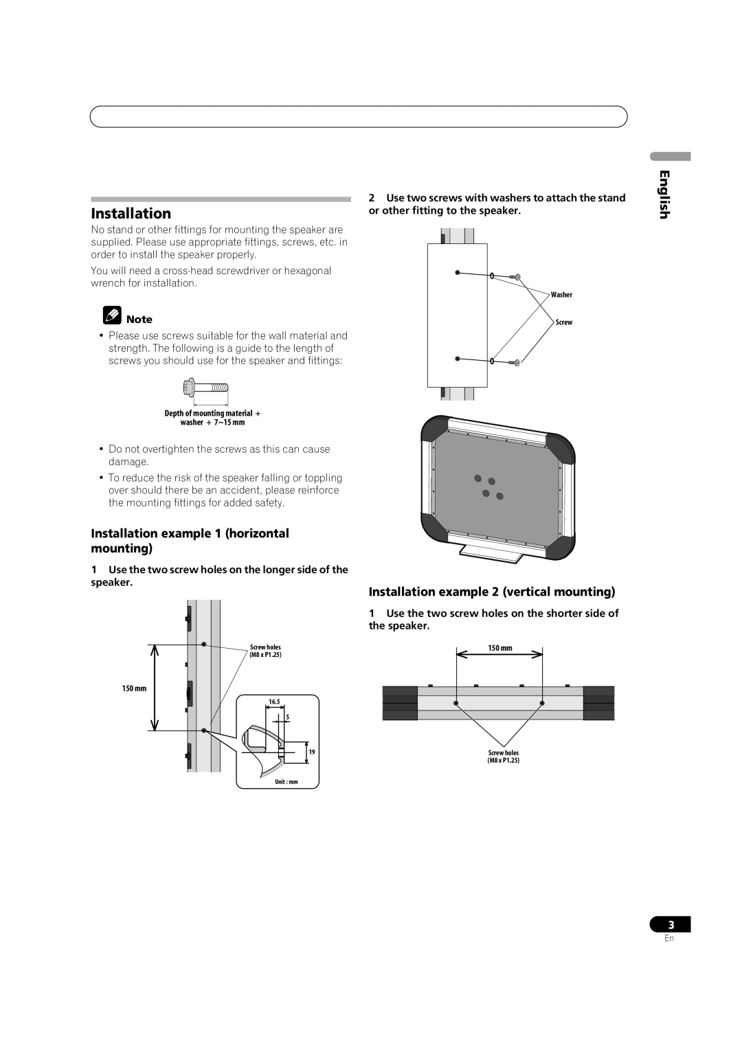 Pioneer S-FL1 Installation example 1 horizontal mounting, Installation example 2 vertical mounting 