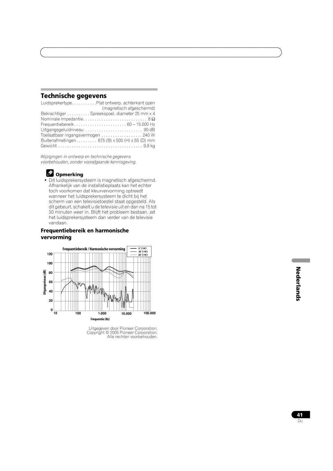 Pioneer S-FL1 operating instructions Technische gegevens, Frequentiebereik en harmonische vervorming 