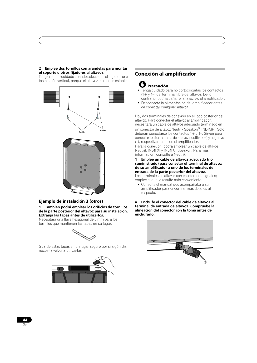 Pioneer S-FL1 operating instructions Conexión al amplificador, Ejemplo de instalación 3 otros, Precaución 