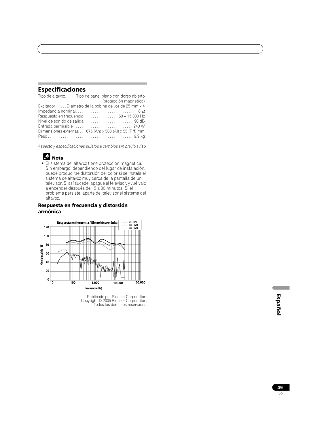 Pioneer S-FL1 operating instructions Especificaciones, Respuesta en frecuencia y distorsión armónica 