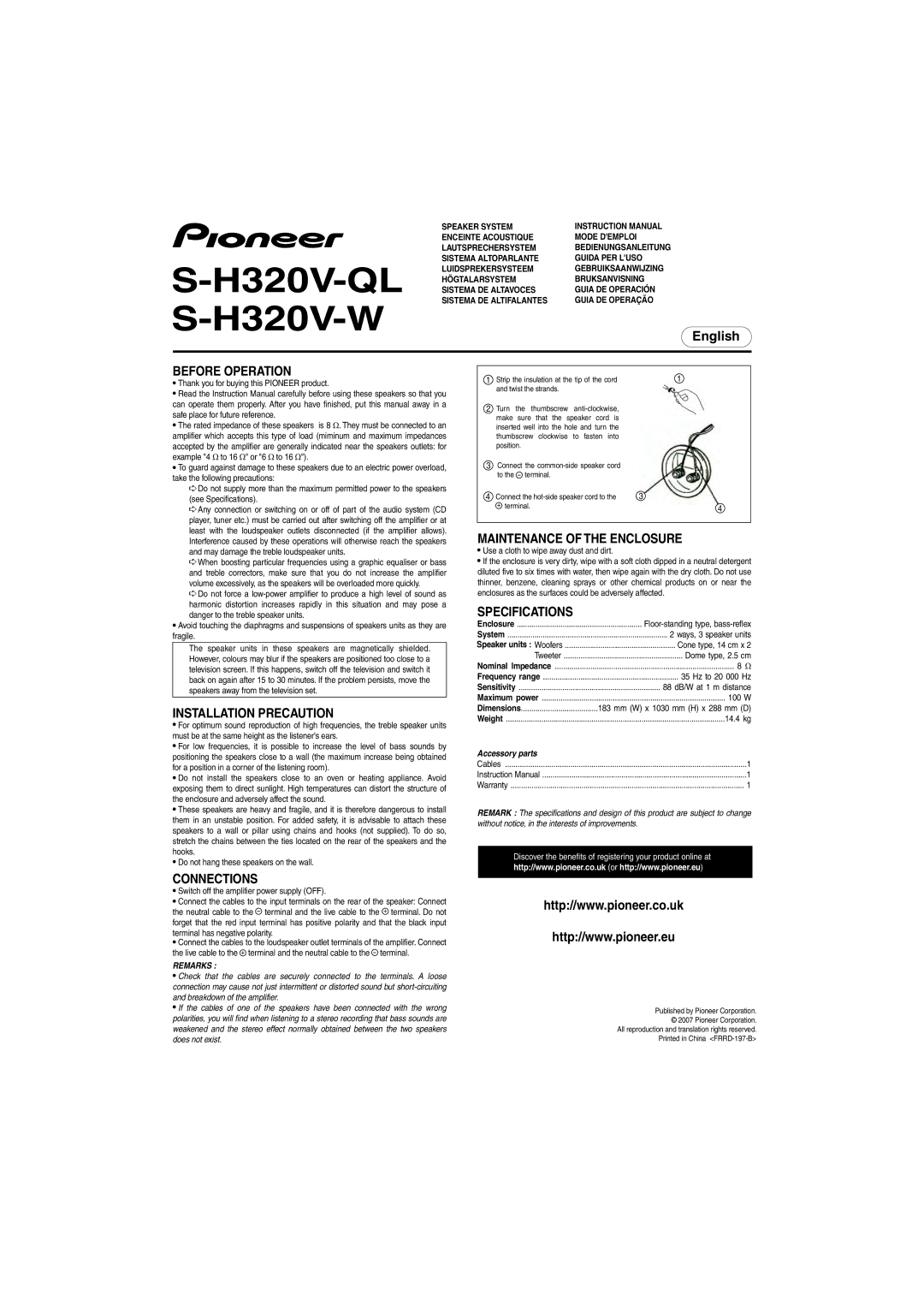 Pioneer S-H320V-W specifications Before Operation, Installation Precaution, Connections, Maintenance of the Enclosure 