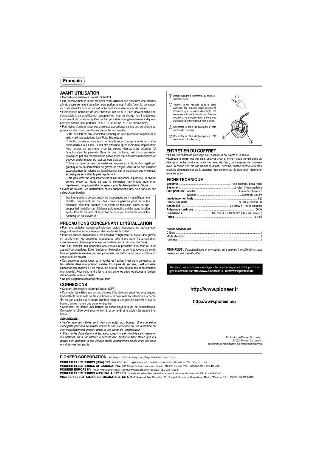 Pioneer S-H320V-QL, S-H320V-W specifications Avant Utilisation, Entretien DU Coffret, Fiche Technique, Connexions 