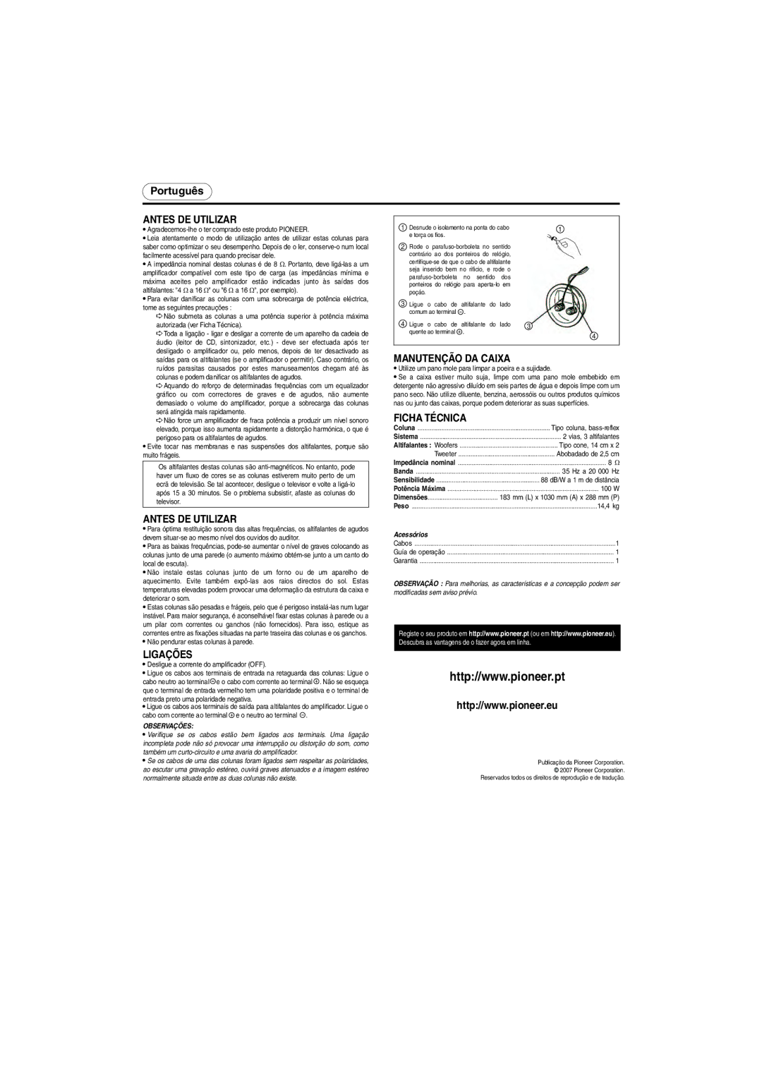 Pioneer S-H320V-QL, S-H320V-W specifications Antes DE Utilizar, Manutenção DA Caixa, Ficha Técnica, Ligações, Observações 