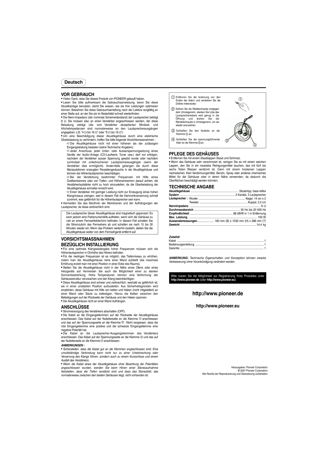 Pioneer S-H320V-W Deutsch, Vor Gebrauch, Pflege Des Gehäuses, Technische Angabe, Anschlüsse, Zubehör, Anmerkungen 