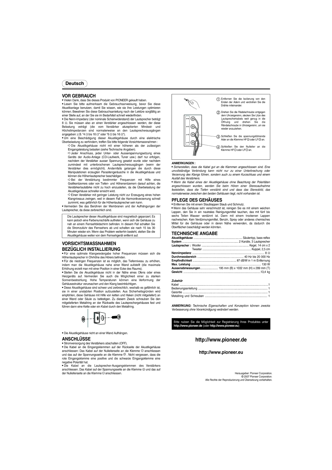 Pioneer S-H520V-QL, S-H520V-W VOR Gebrauch, Vorsichtsmassnahmen Bezüglich Installierung, Pflege DES Gehäuses, Anschlüsse 