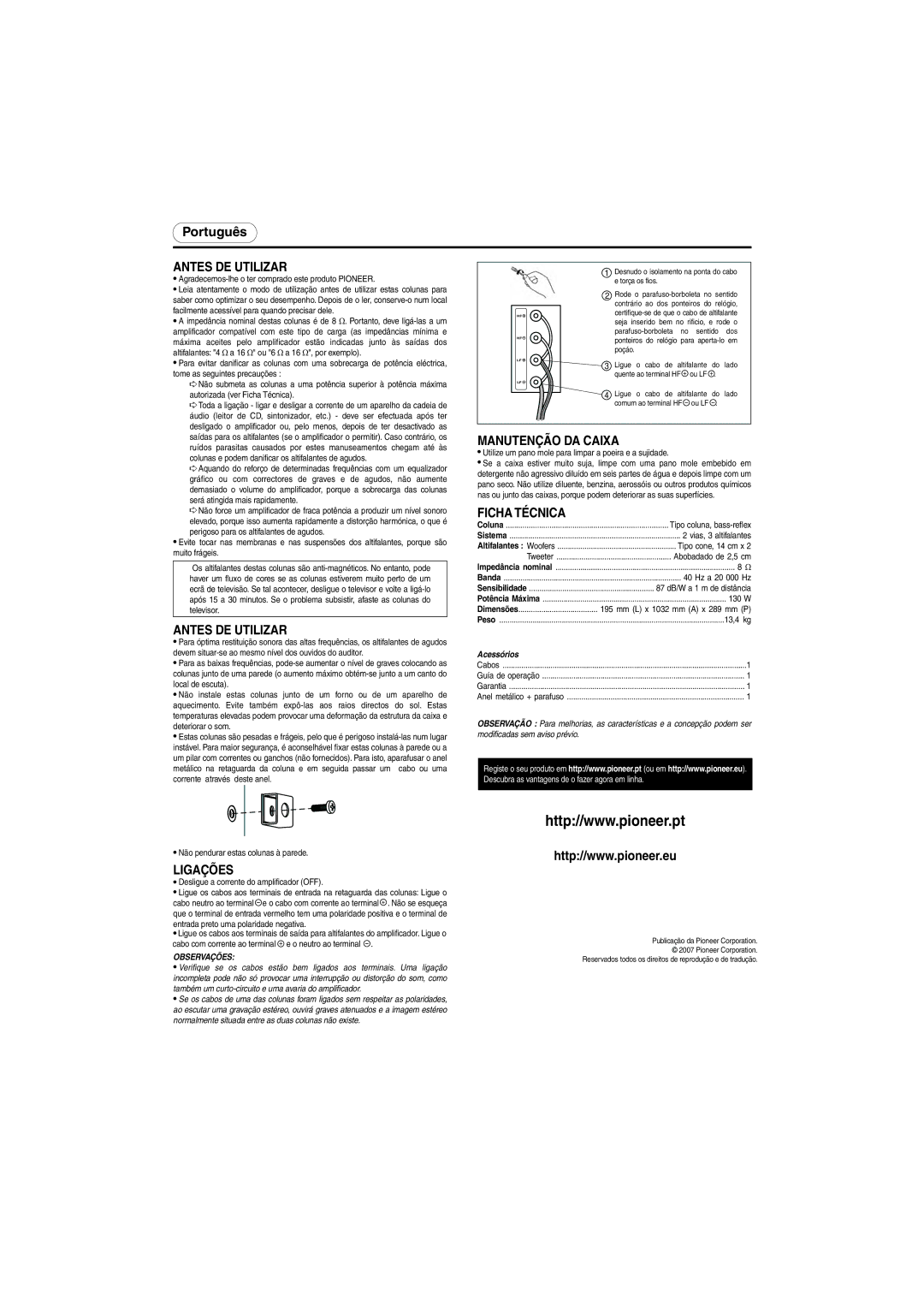 Pioneer S-H520V-W, S-H520V-QL specifications Antes DE Utilizar, Manutenção DA Caixa, Ficha Técnica, Ligações, Observações 