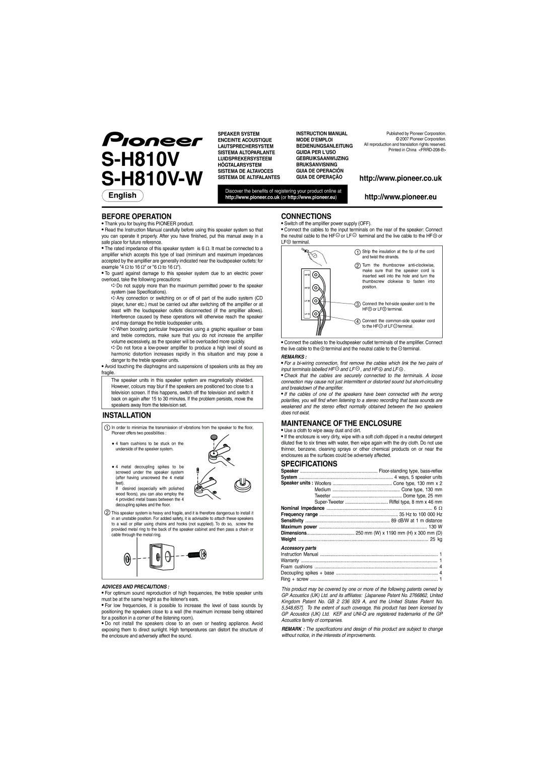 Pioneer S-H810V specifications Before Operation, Installation, Connections, Maintenance of the Enclosure, Specifications 