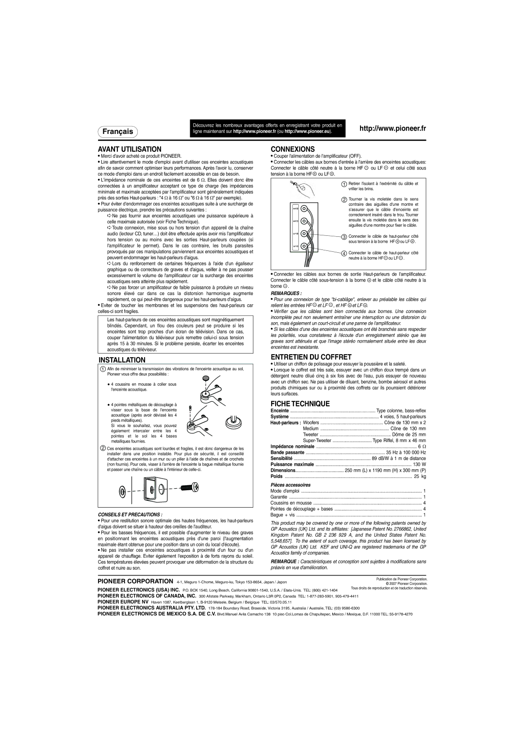 Pioneer S-H810V-W specifications Avant Utilisation, Connexions, Entretien DU Coffret, Fiche Technique 