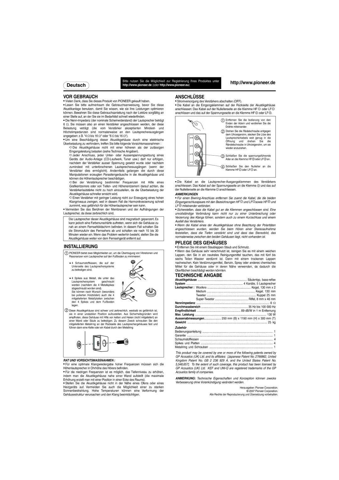 Pioneer S-H810V-W specifications VOR Gebrauch, Anschlüsse, Installierung, Pflege DES Gehäuses, Technische Angabe 