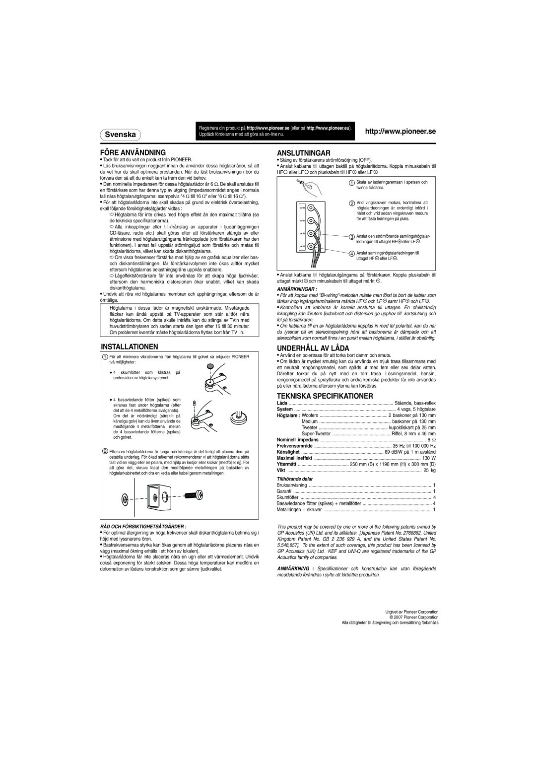 Pioneer S-H810V-W specifications Före Användning, Anslutningar, Installationen, Underhåll AV Låda, Tekniska Specifikationer 