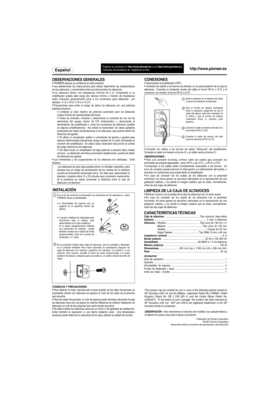 Pioneer S-H810V-W specifications Observaciones Generales, Conexiones, Instalación, Limpieza DE LA Caja DE Altavoces 