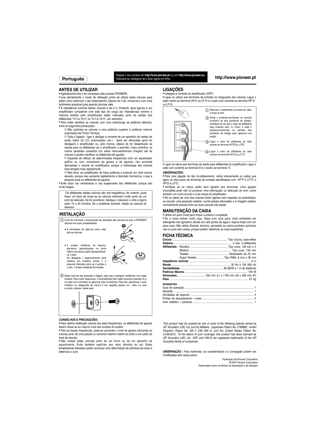 Pioneer S-H810V-W specifications Antes DE Utilizar, Ligações, Instalação, Manutenção DA Caixa, Ficha Técnica 